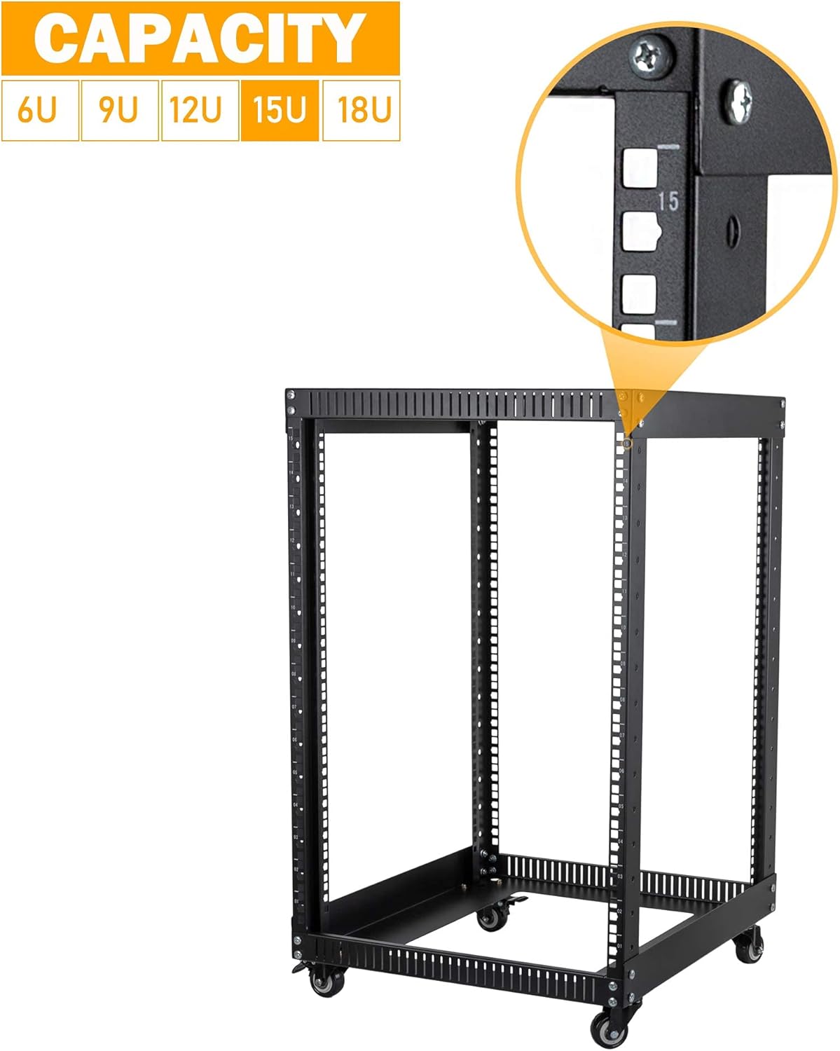 18U 4 Post Open Frame Server Rack with Brake Casters Black Y529885