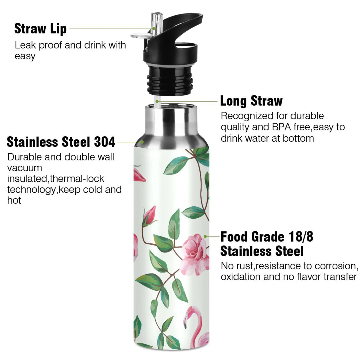 Pink Flamingos Rose Flowers Insulated Thermos Kids Stainless Steel Bottle with Straw Lid 20 oz U701308