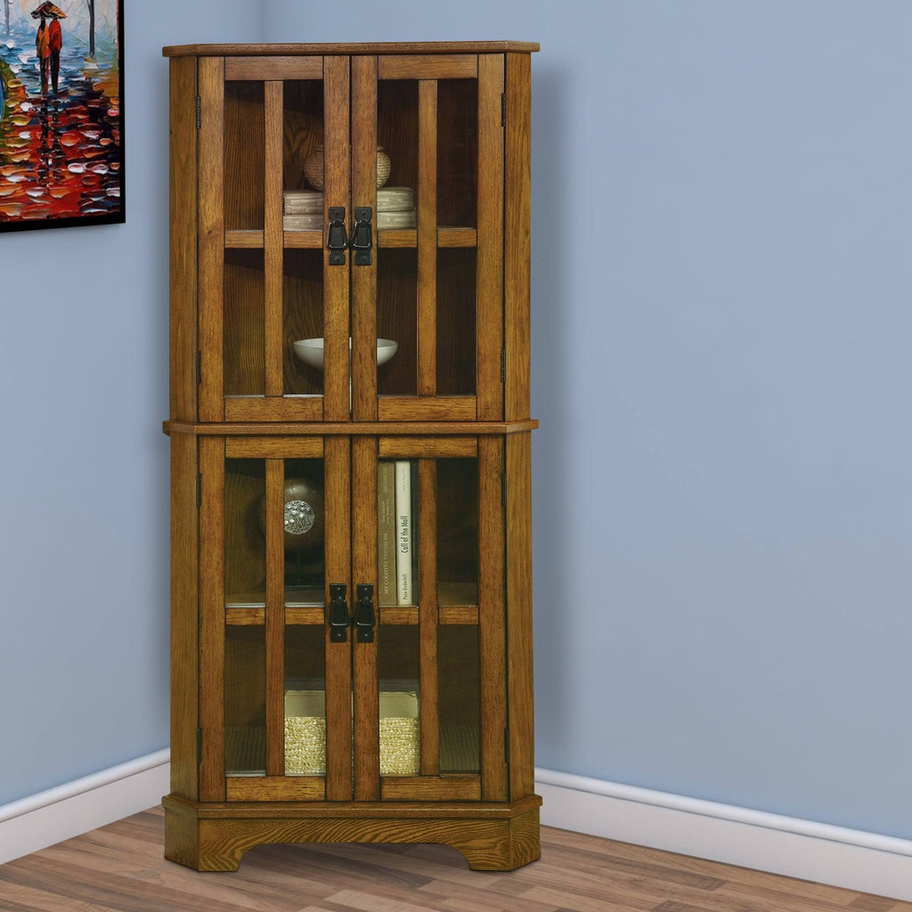 Brown Corner Curio Cabinet with Windowpane Style Door Fronts B512123