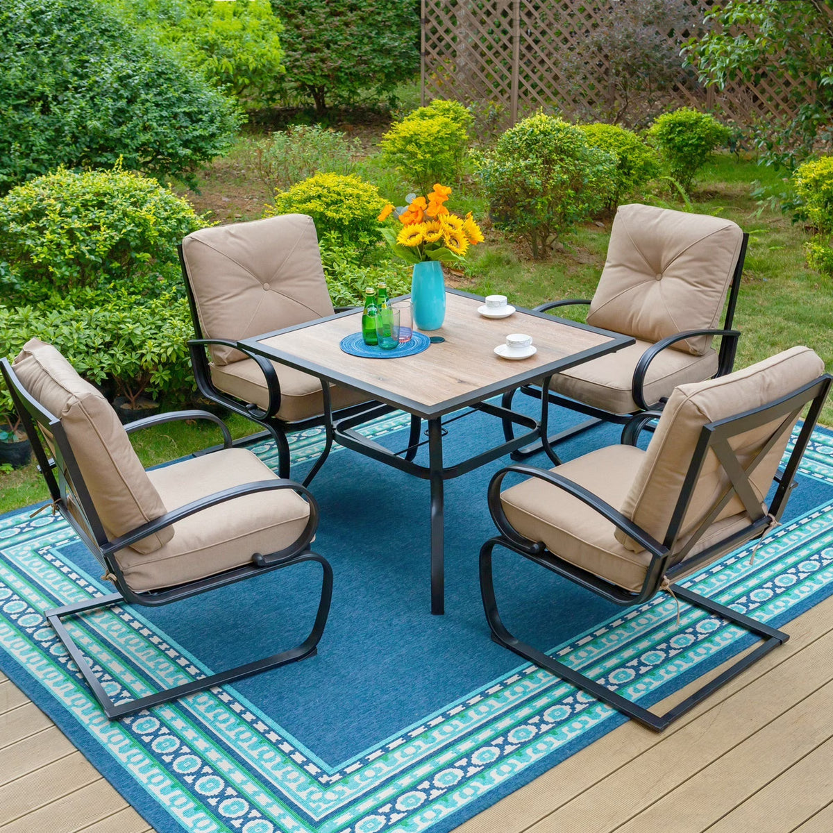 5-Piece Outdoor Dining Set with Black Steel Frame and Beige Cushion B913993