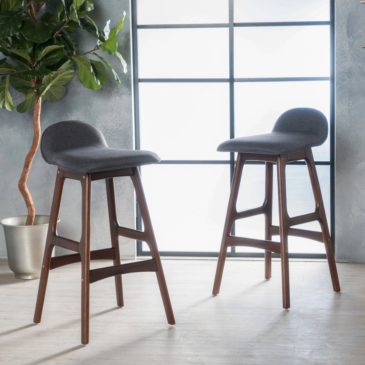 Upholstered Barstools Set of 2, Charcoal and Natural Walnut J63445