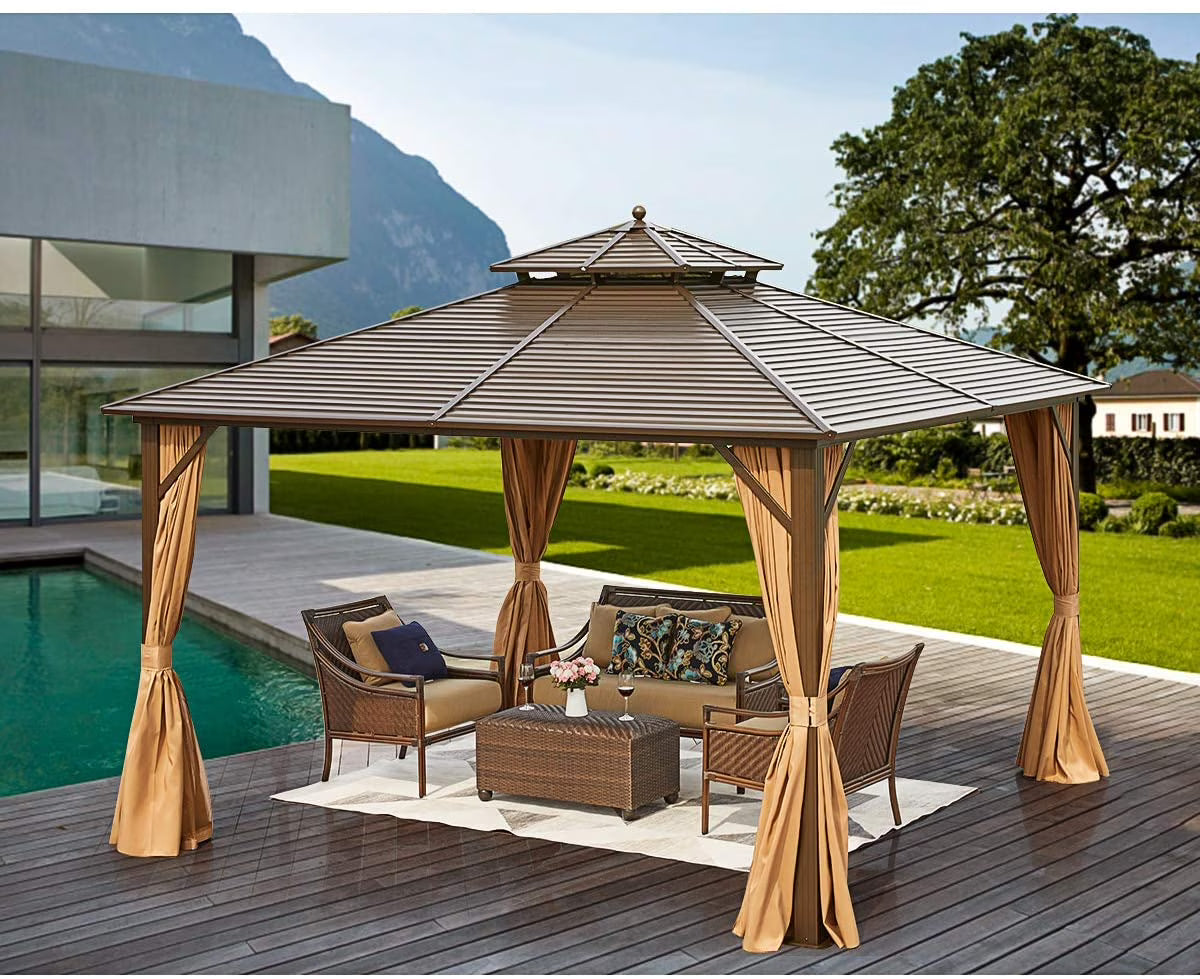 12' x 12' Hardtop Galvanized Steel Gazebo with Aluminum Frame and Netting and Curtains N226125