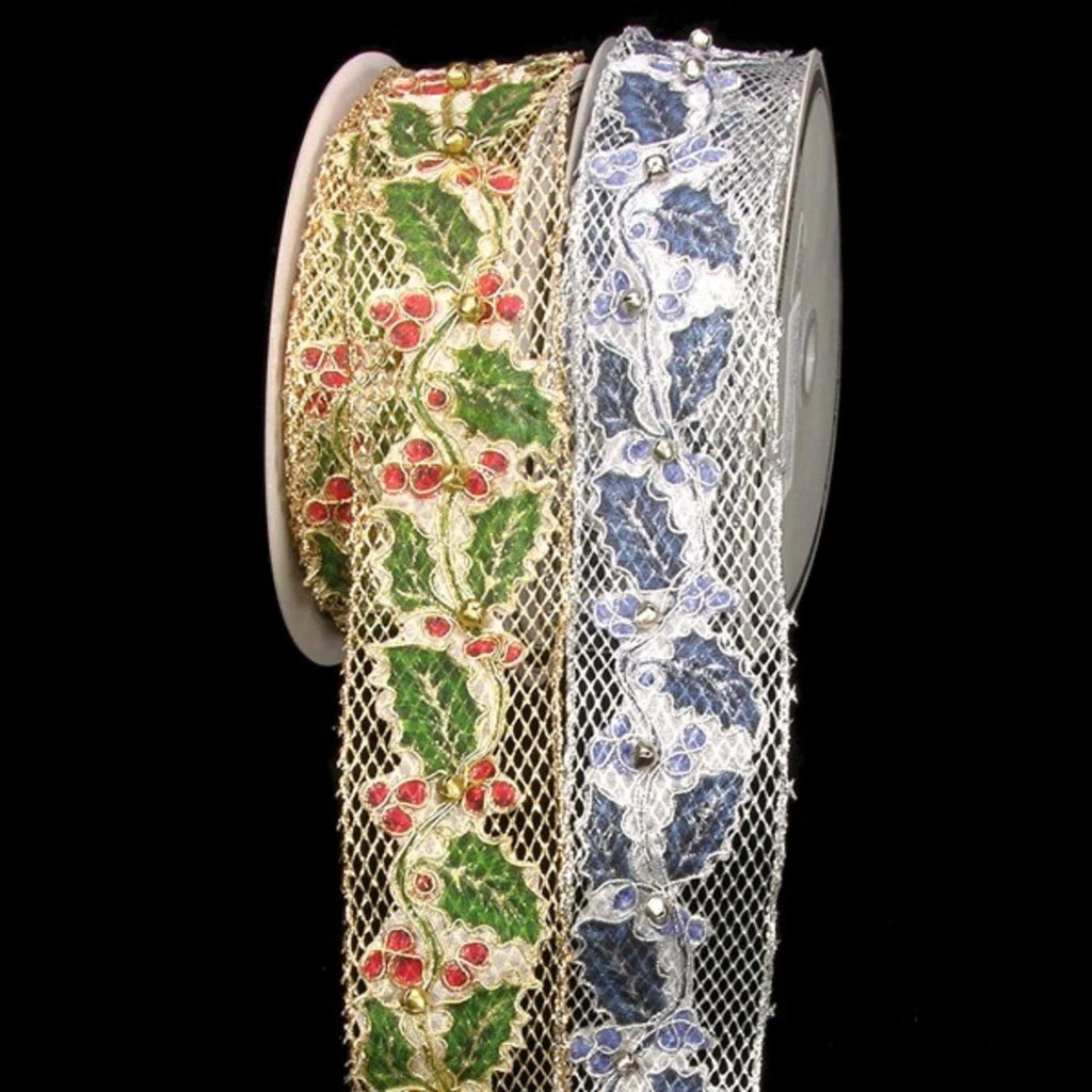 Red and Green Ivy Bells Gold Sheer Wired Craft Ribbon 2.5 x 10 Yards J604