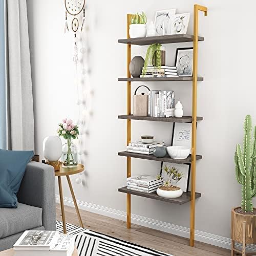5 Tier Gold + Brown Metal Frame Bookshelf E68977