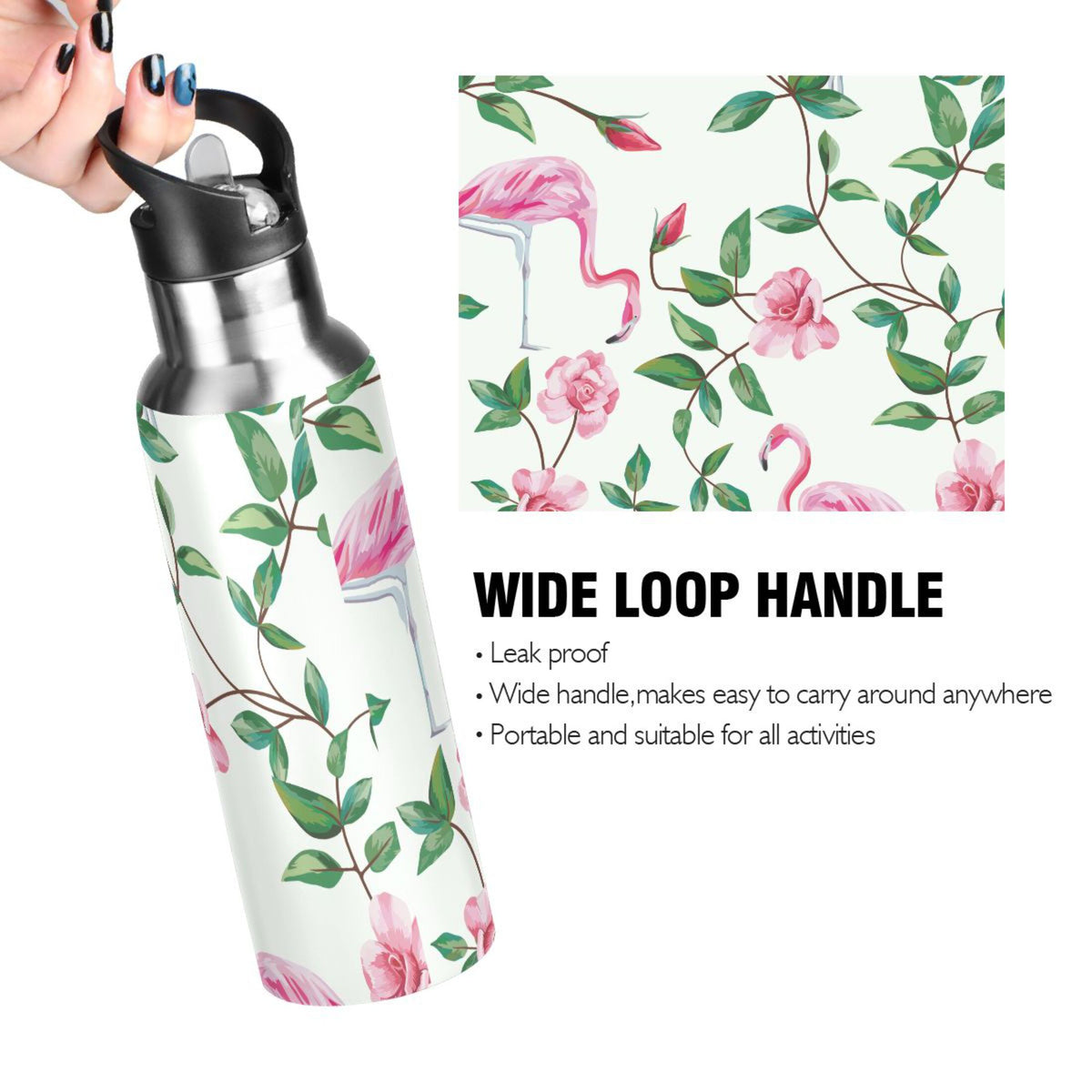 Pink Flamingos Rose Flowers Insulated Thermos Kids Stainless Steel Bottle with Straw Lid 20 oz U701308