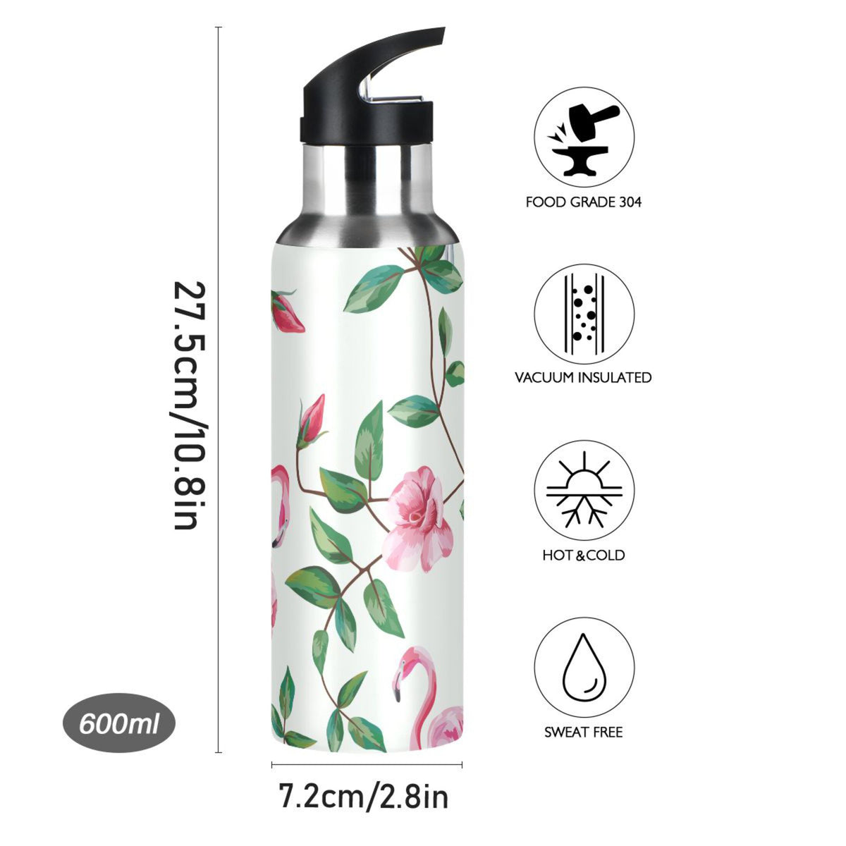 Pink Flamingos Rose Flowers Insulated Thermos Kids Stainless Steel Bottle with Straw Lid 20 oz U701308