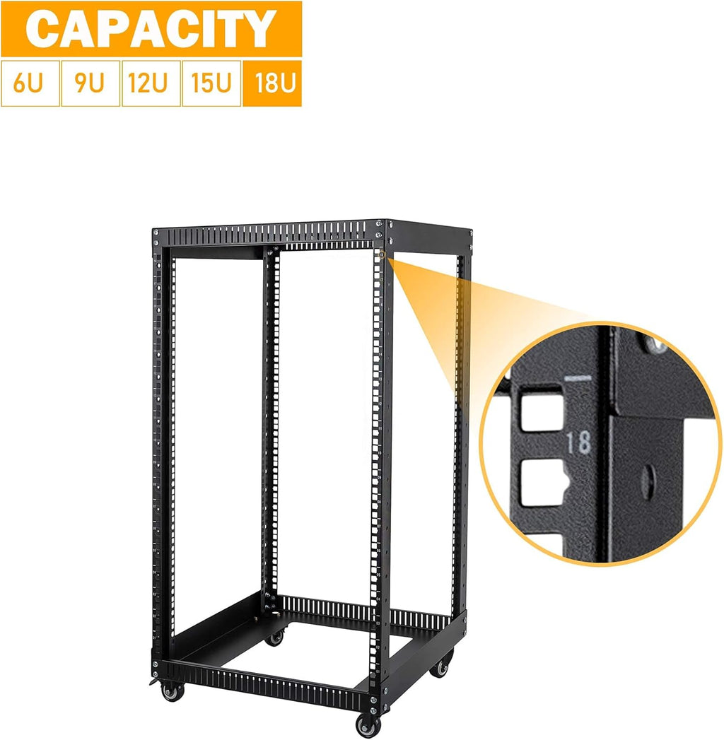 18U 4 Post Open Frame Server Rack with Brake Casters Black Y529885