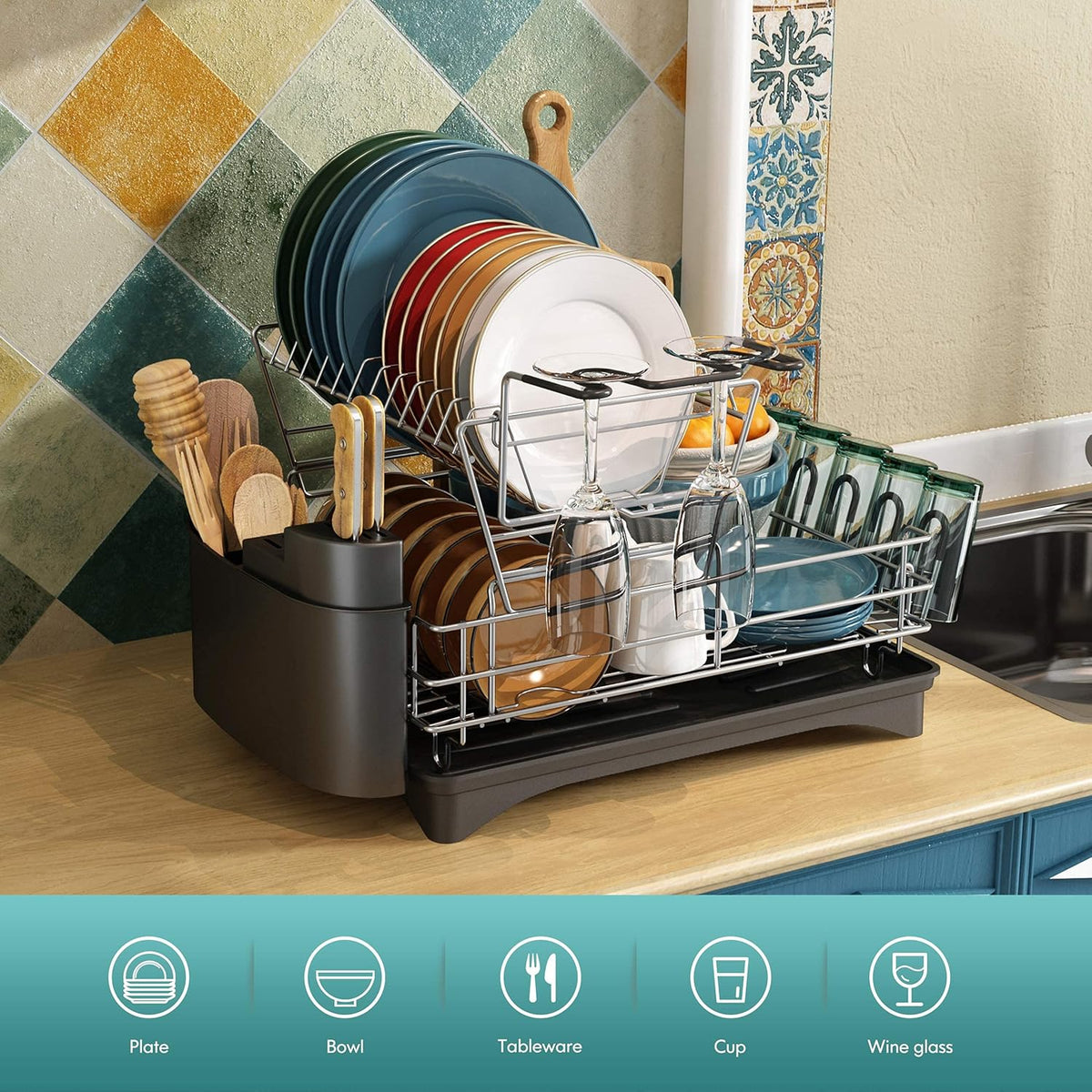 2 Tier Stainless Steel Dish Drying Rack and Drainboard Set with Utensil Holder R558031