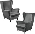 Dark Grey Velvet Stretch Wingback Chair Sofa Slipcover with Elastic Bottom Y8895