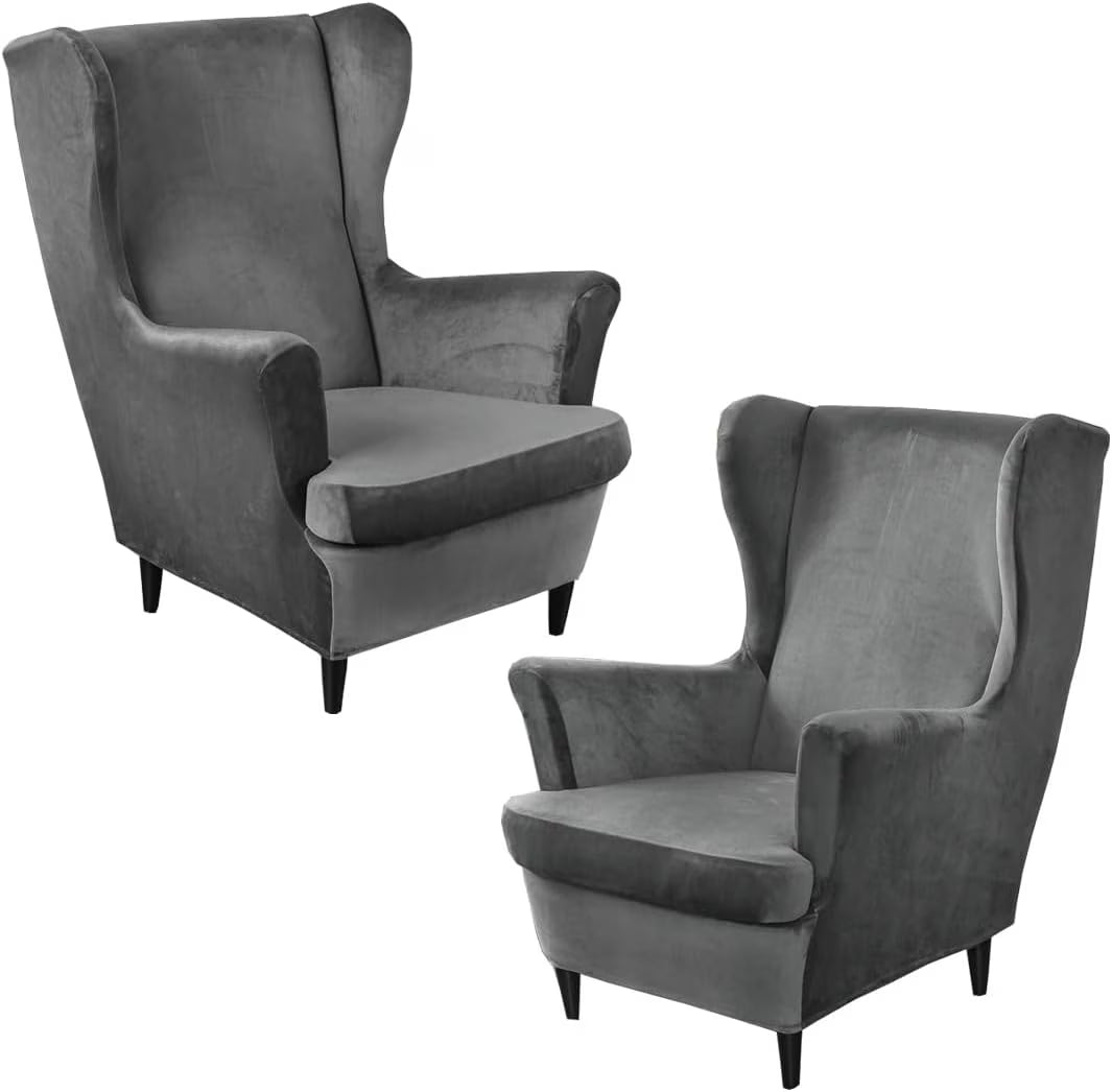 Dark Grey Velvet Stretch Wingback Chair Sofa Slipcover with Elastic Bottom Y8895