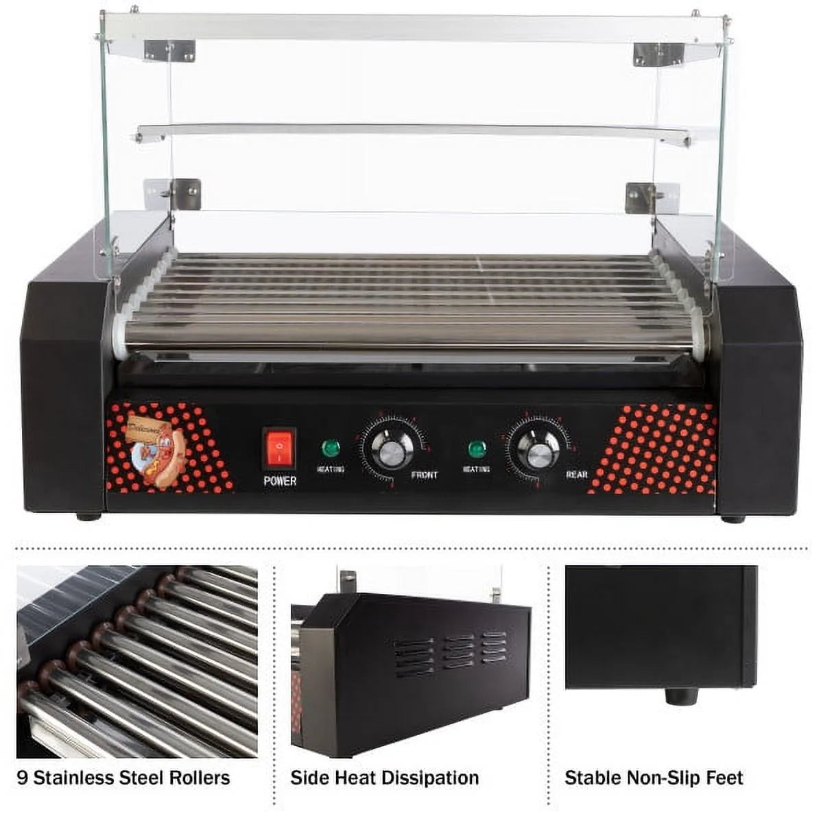 9-Roller Hot Dog Grill with Bun Warmer and Cover V7639