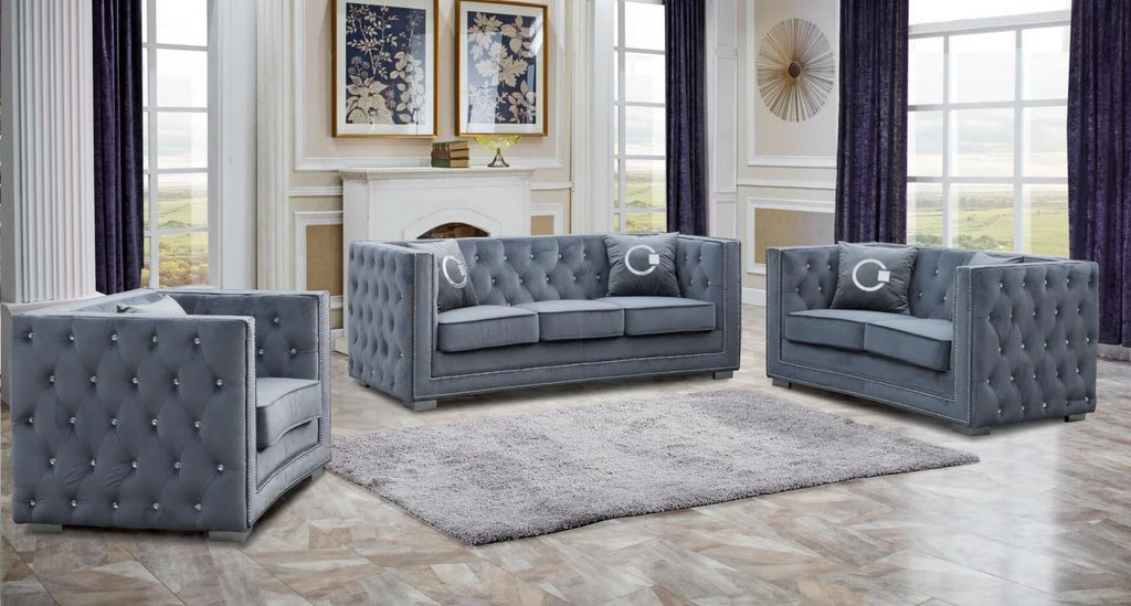 Gray Fabric Sofa & Loveseat Set 2Pcs with Steel Legs S915