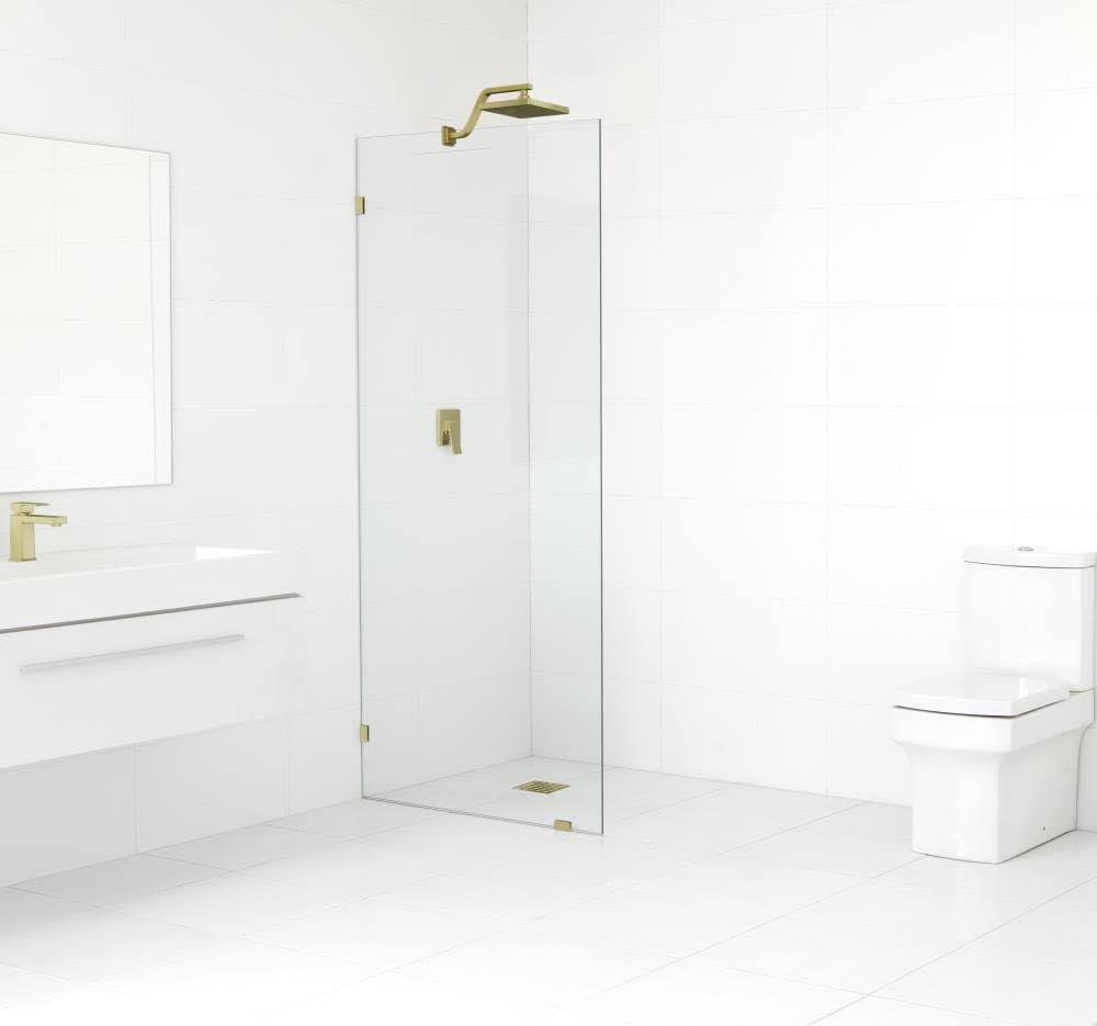 Frameless Shower Door Single Fixed Panel Satin Brass in Gold M194593