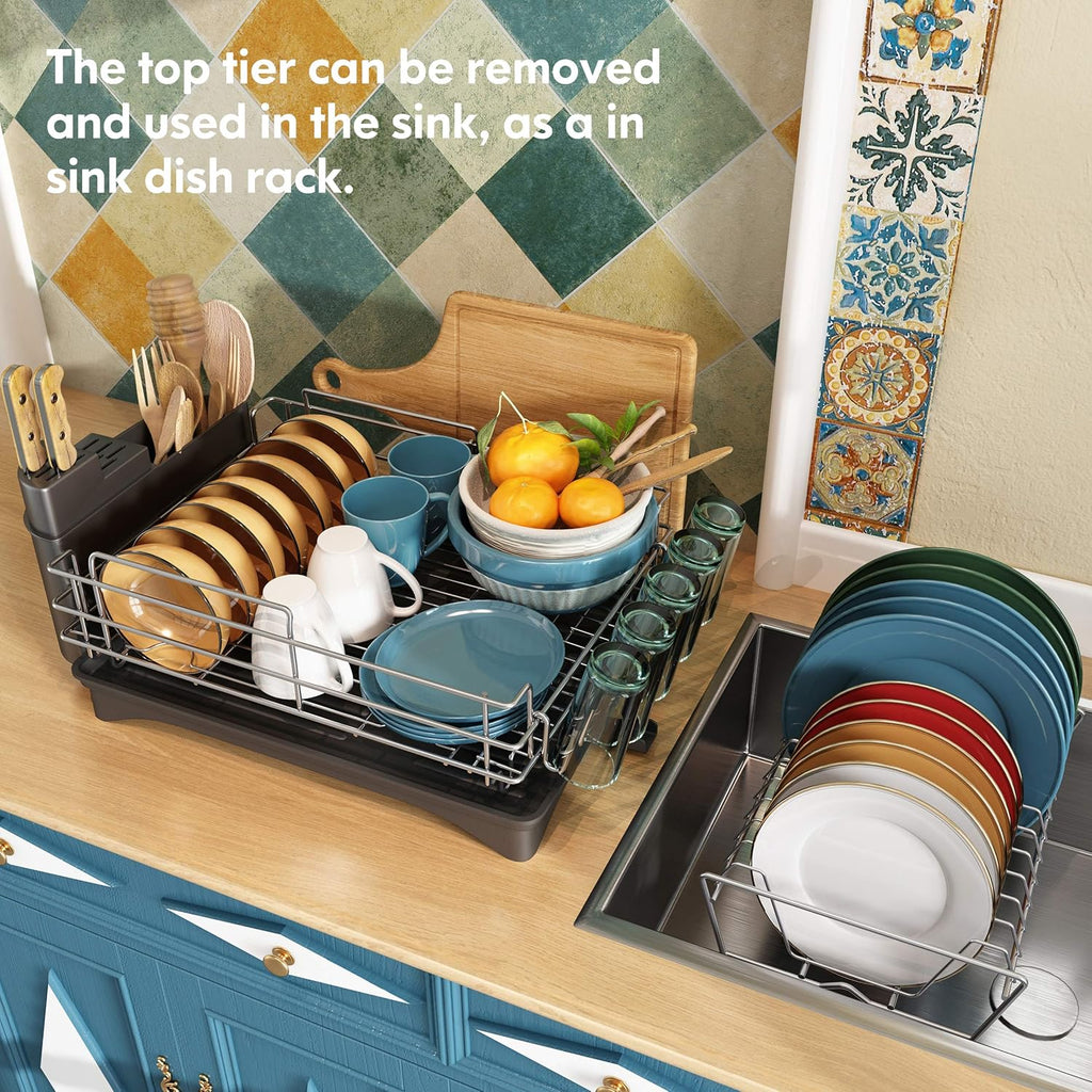 2 Tier Stainless Steel Dish Drying Rack and Drainboard Set with Utensil Holder R558031