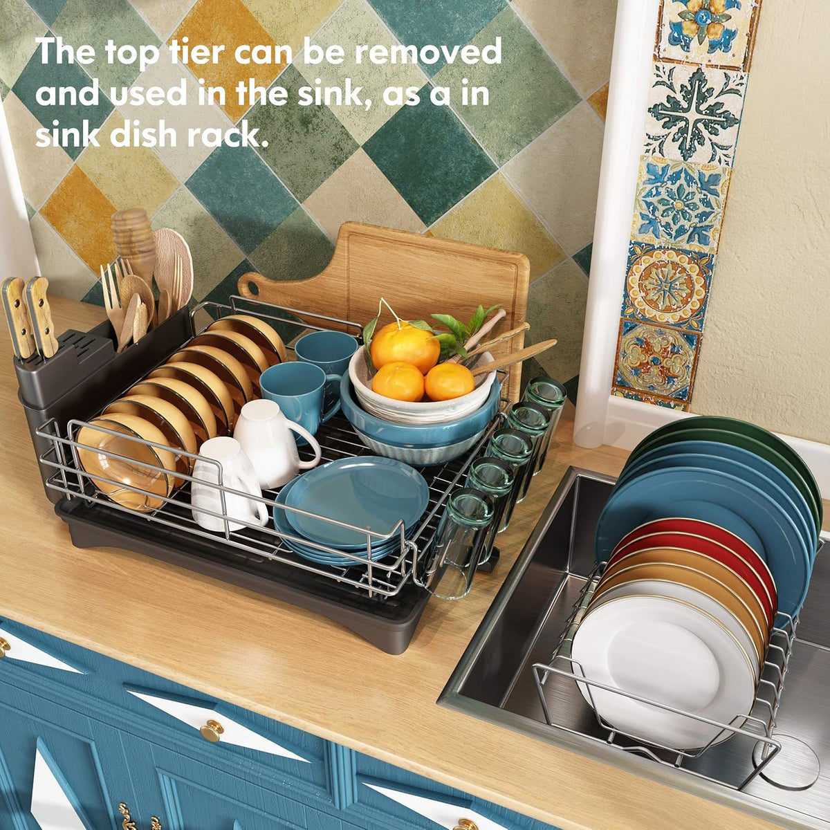 2 Tier Stainless Steel Dish Drying Rack and Drainboard Set with Utensil Holder R558031