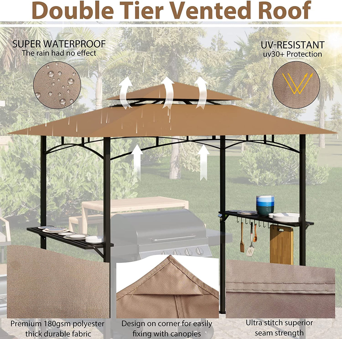 Khaki 8 x 5 FT Grill Canopy with Air Vent U3472