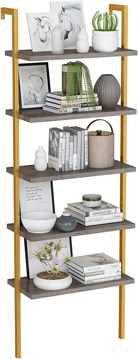5 Tier Gold + Brown Metal Frame Bookshelf E68977