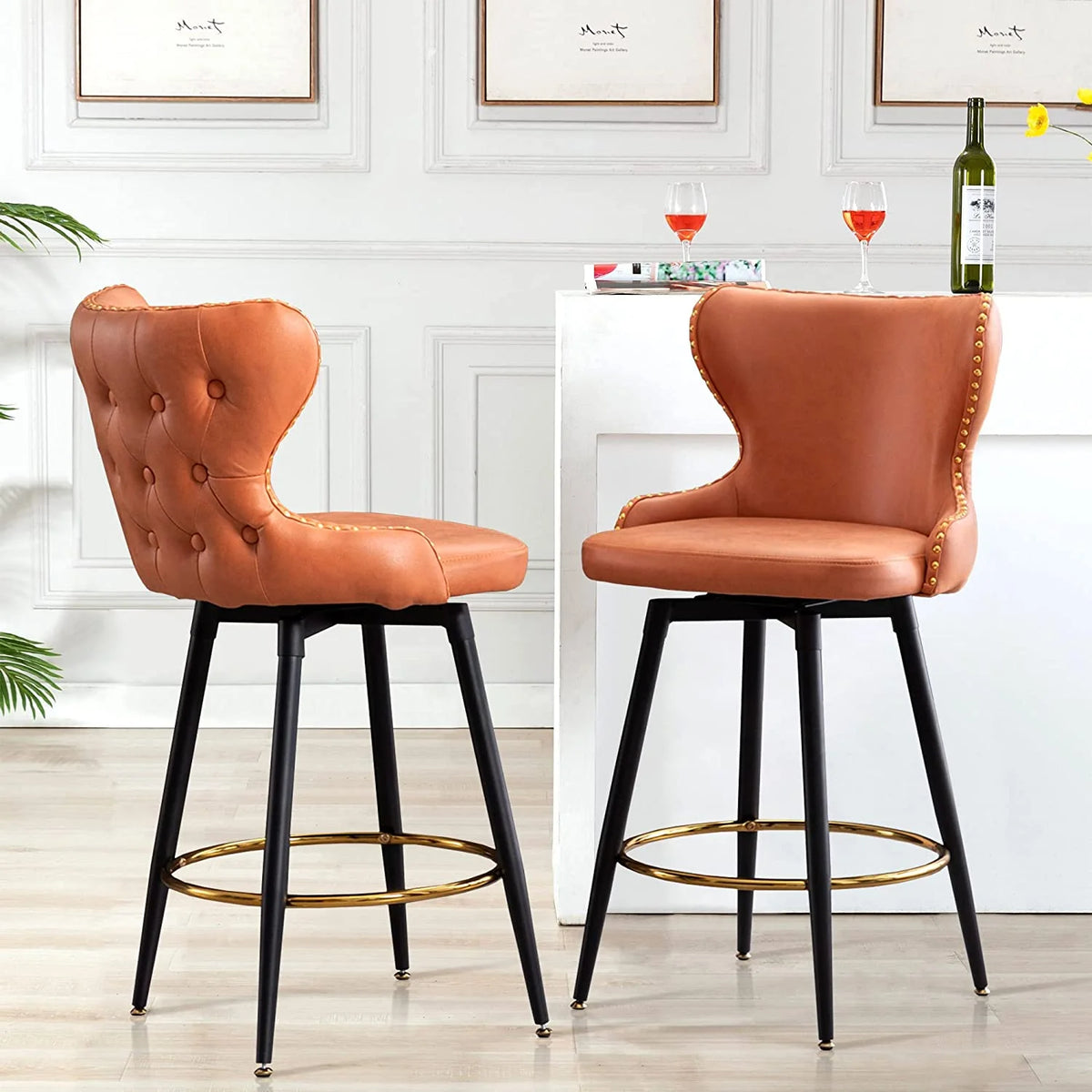 Upholstered Counter Height Fabric Bar Stools Set of 2 with Metal Legs W239