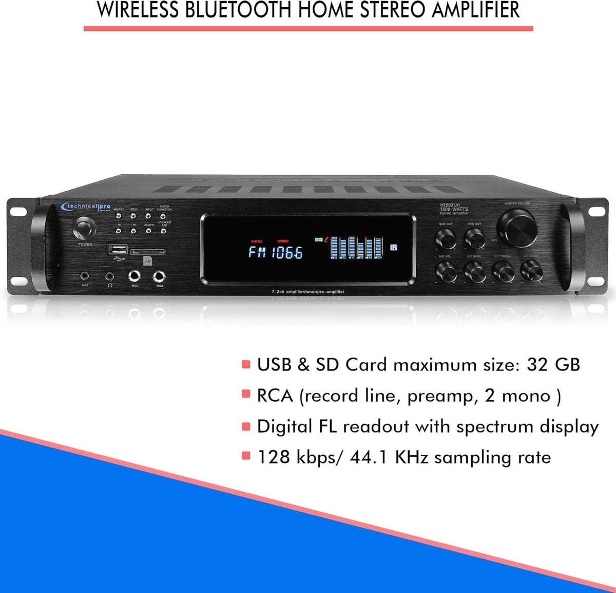 1500 Watt Bluetooth Stereo Amplifier with USB and SD Inputs B4396