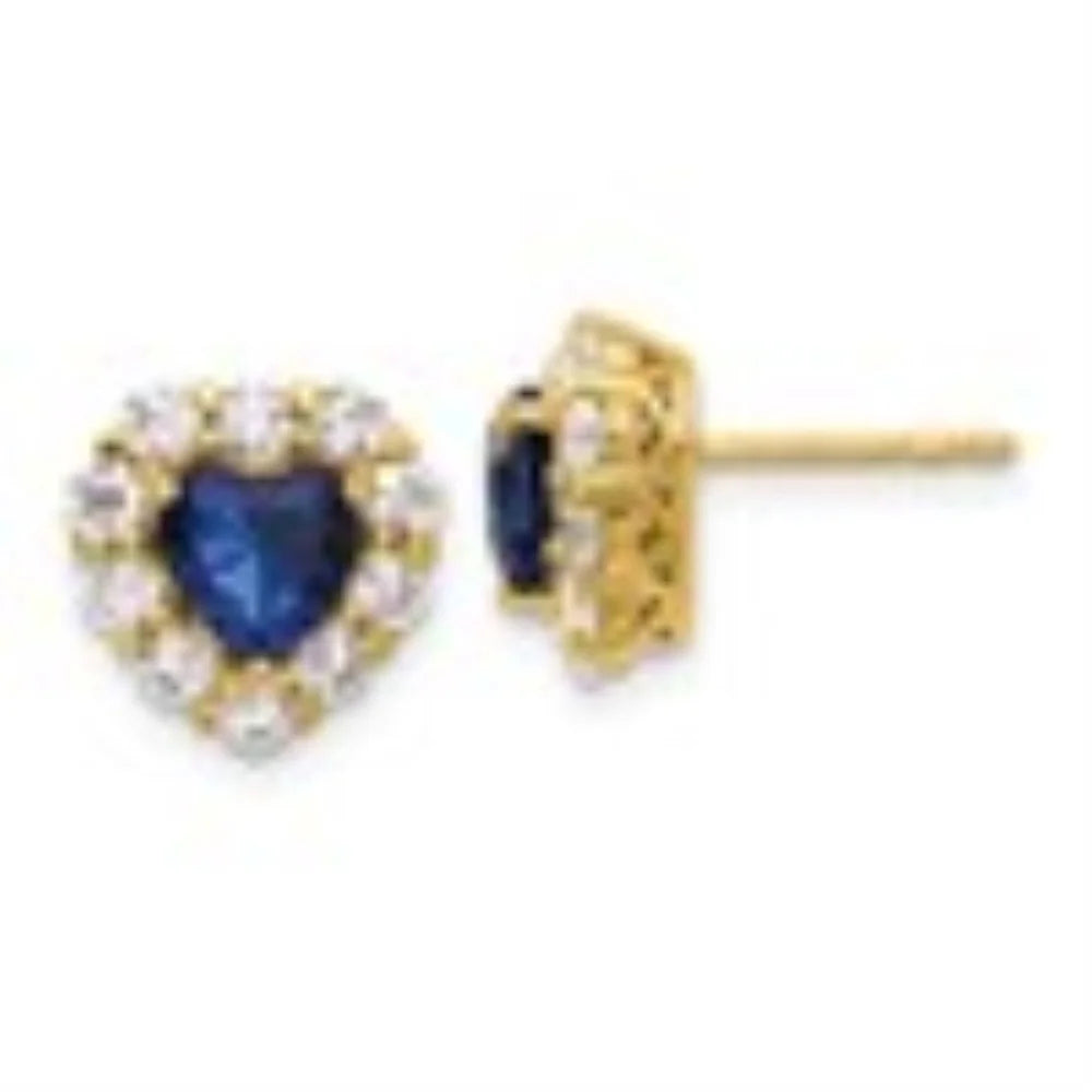 14k Yellow Gold Lab Grown Diamond Sapphire Halo Heart Stud Earrings N624