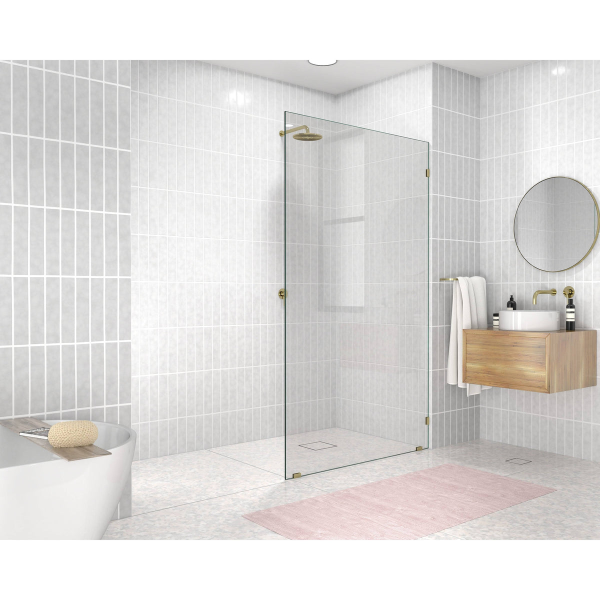 Frameless Shower Door Single Fixed Panel Satin Brass in Gold M194593