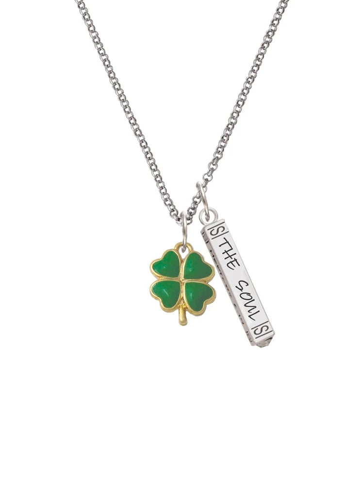 Goldtone Opaque Green Four Leaf Clover Bar Charm Necklace, 23" T190