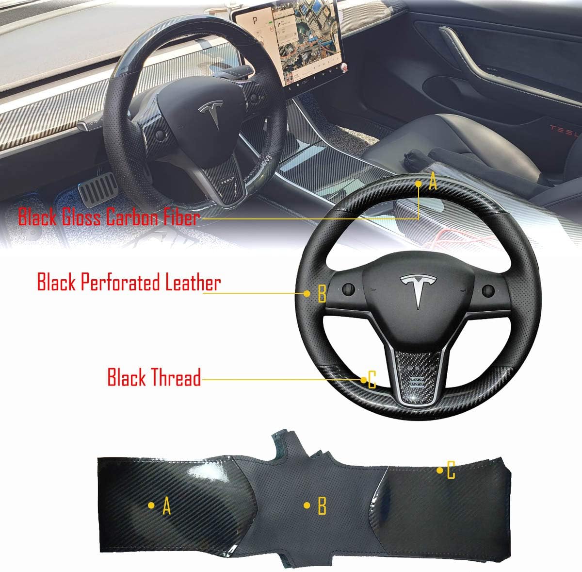 Black Perforated Leather Carbon Fiber Auto Steering Wheel Cover E927