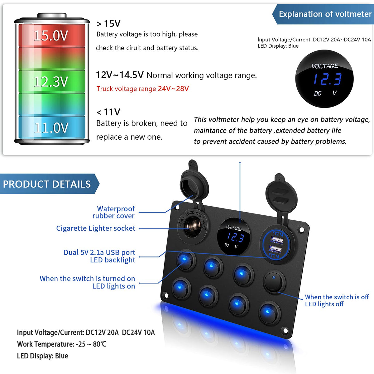 8 Gang Waterproof Rocker Switch Panel with Dual USB Charger Digital Voltmeter 12V Outlet Circuit Breakers O567