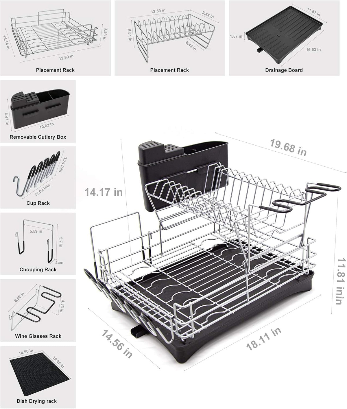 2 Tier Stainless Steel Dish Drying Rack and Drainboard Set with Utensil Holder R558031