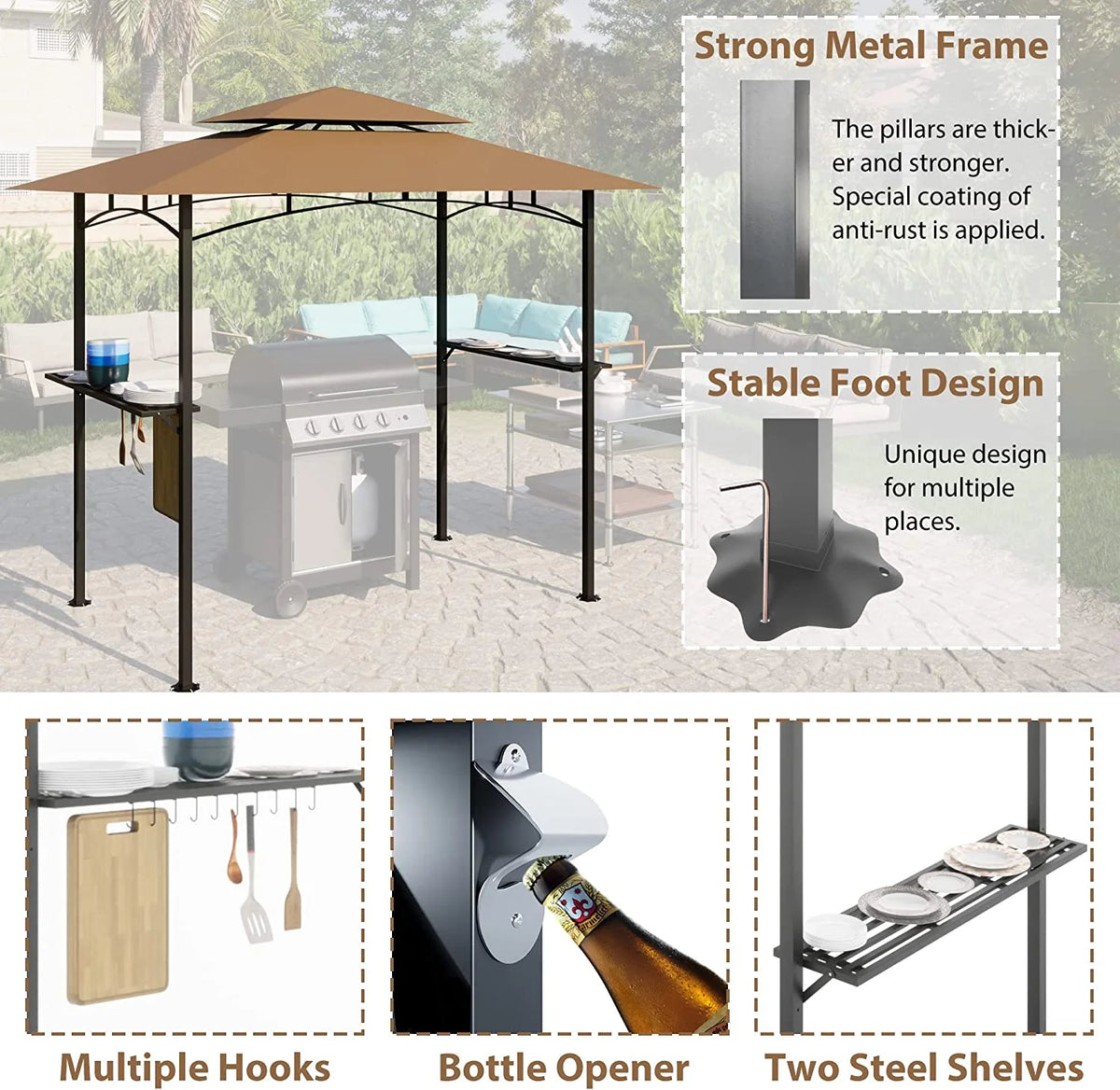 Khaki 8 x 5 FT Grill Canopy with Air Vent U3472