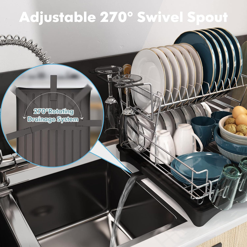 2 Tier Stainless Steel Dish Drying Rack and Drainboard Set with Utensil Holder R558031