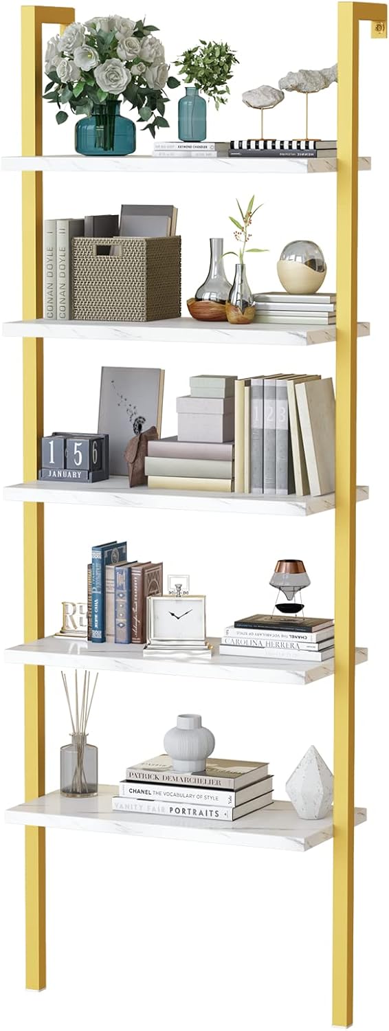 5 Tier Gold + Brown Metal Frame Bookshelf E68977