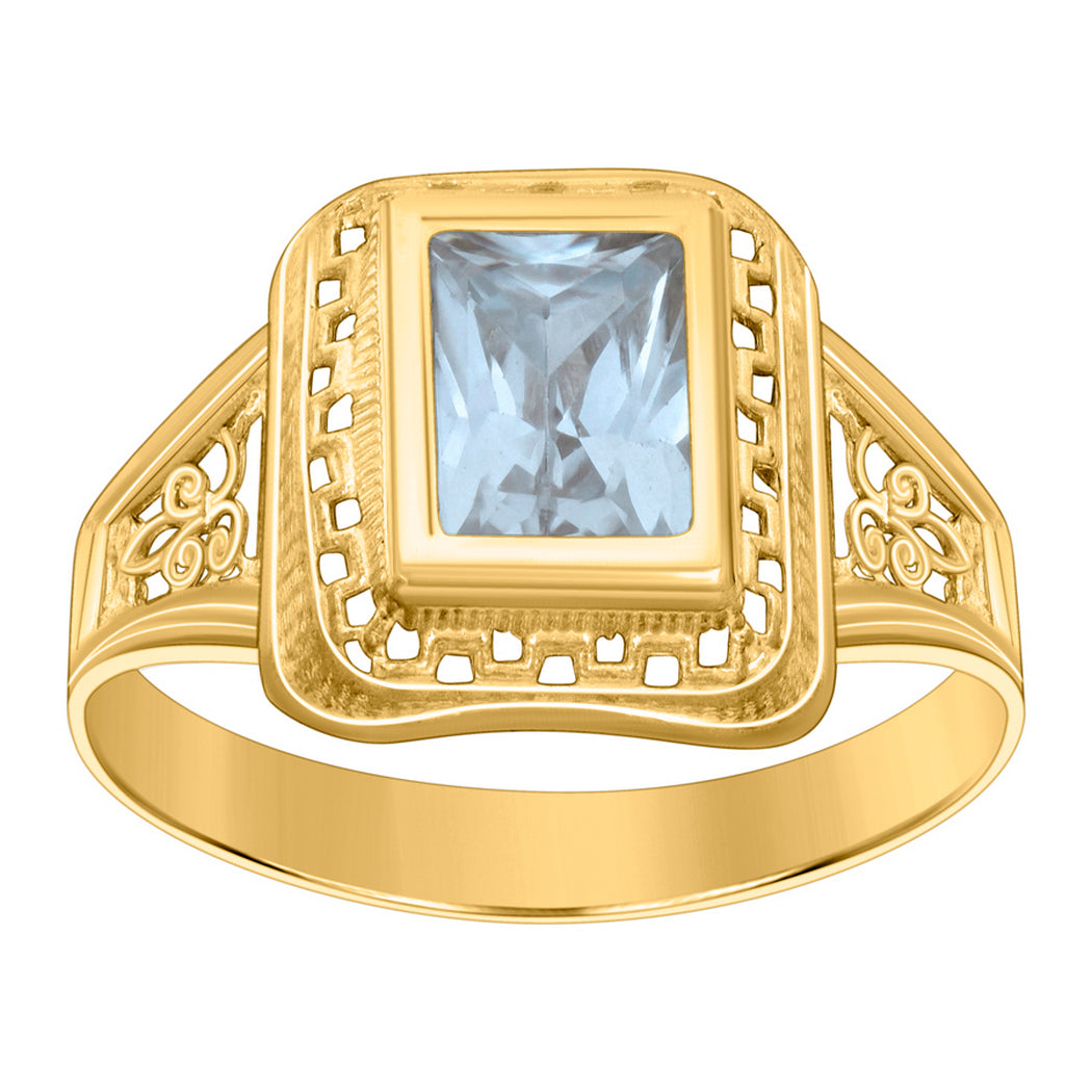 10k Yellow Gold Aqua Emerald Cut CZ Ring J774