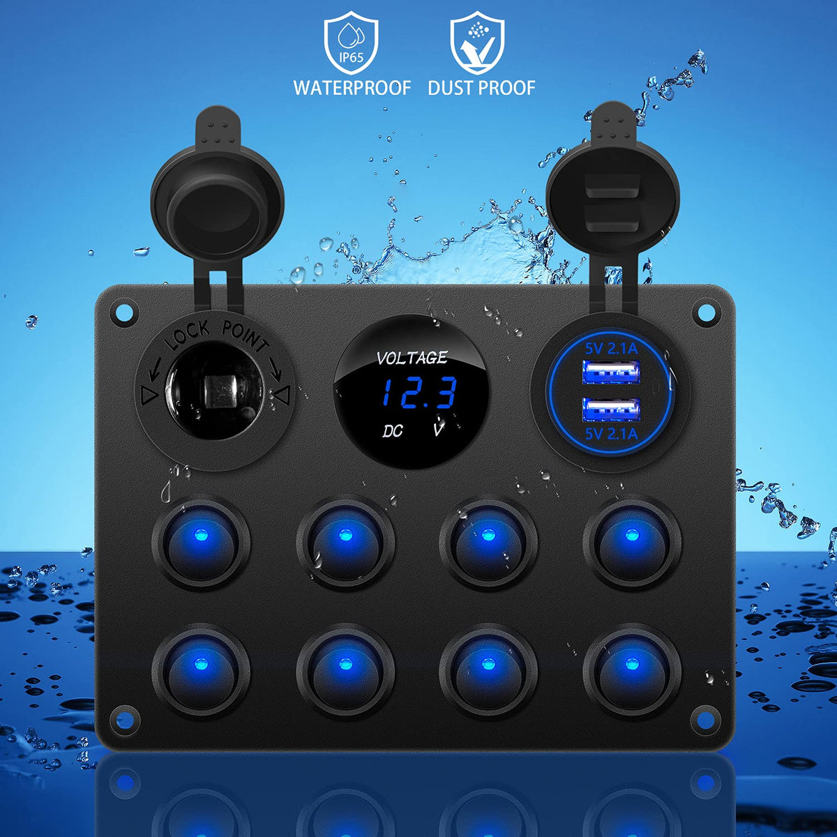 8 Gang Waterproof Rocker Switch Panel with Dual USB Charger Digital Voltmeter 12V Outlet Circuit Breakers O567