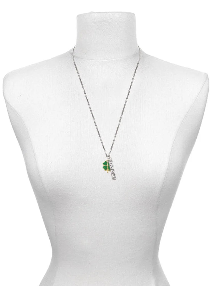 Goldtone Opaque Green Four Leaf Clover Bar Charm Necklace, 23" T190