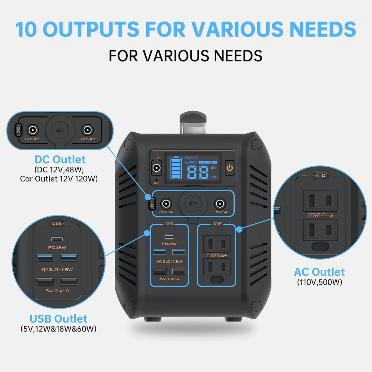 614Wh LiFePO4 Power Station with PD 60W USB-C, 110V Pure Sine Wave AC Outlets U6741