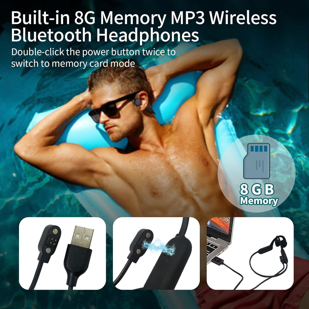 Black Bone Conduction Open Ear Headphones with Mic, 8G Memory, IPX 8 Waterproof, Pack of 2 X653006