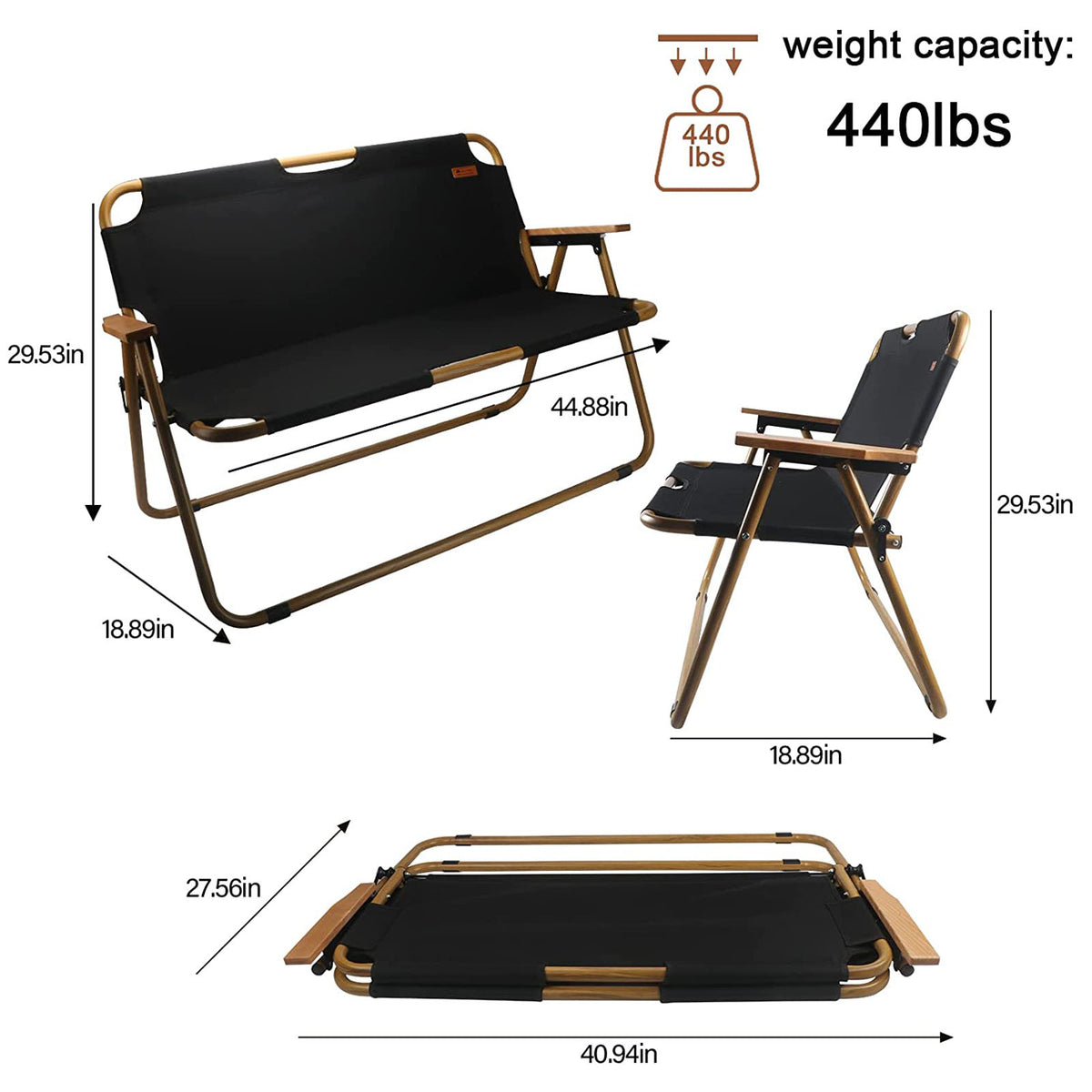 Black 2-Person Outdoor Folding Loveseat Chair F7526