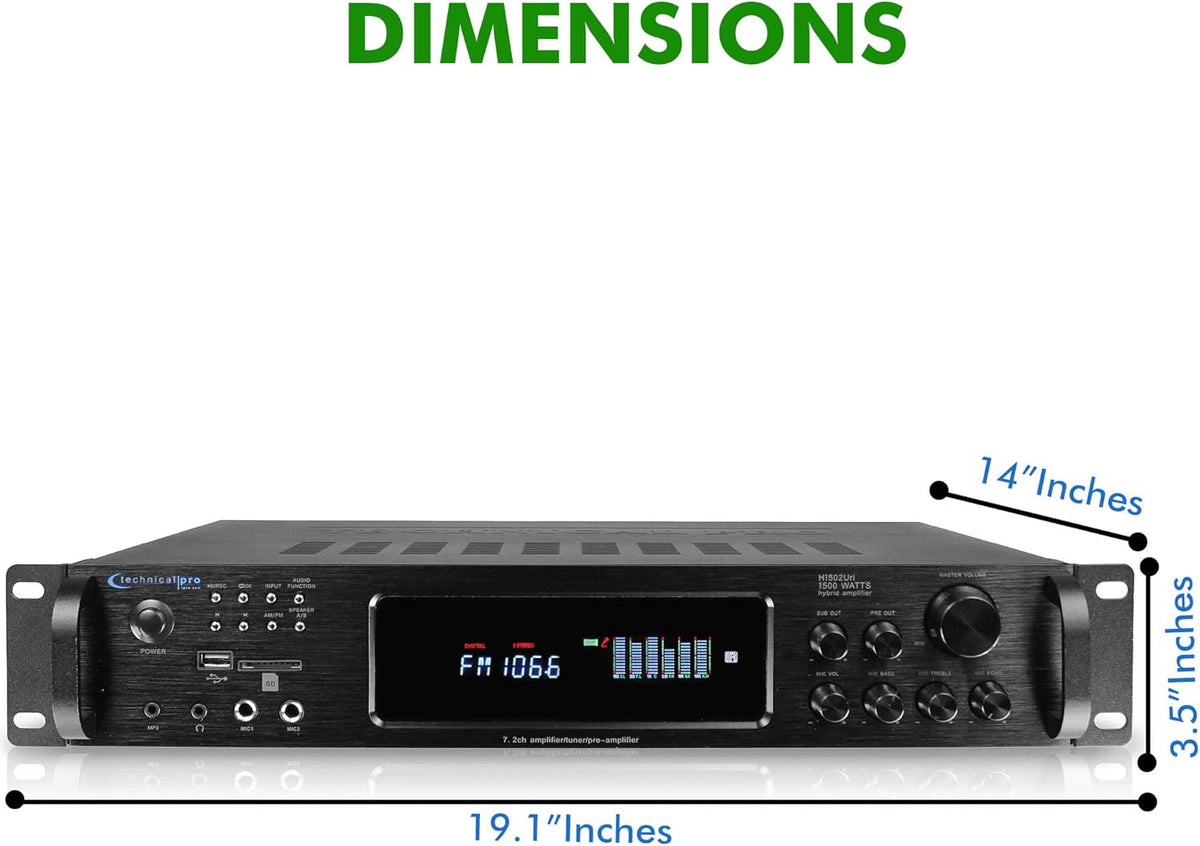 1500 Watt Bluetooth Stereo Amplifier with USB and SD Inputs B4396