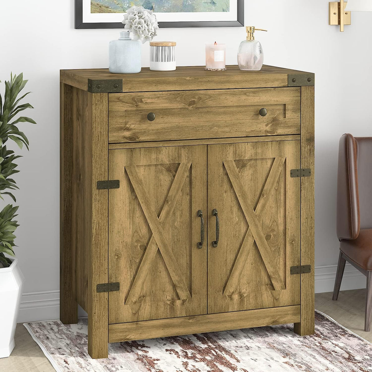 32 Farmhouse Accent Cabinet with Drawer & Adjustable Shelves, Rustic Oak N6484