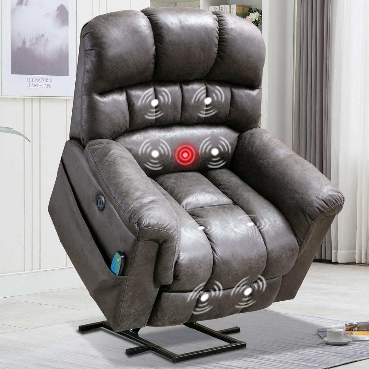 Large Power Lift Recliner Chair with Massage and Heat, Faux Leather, Grey N886919