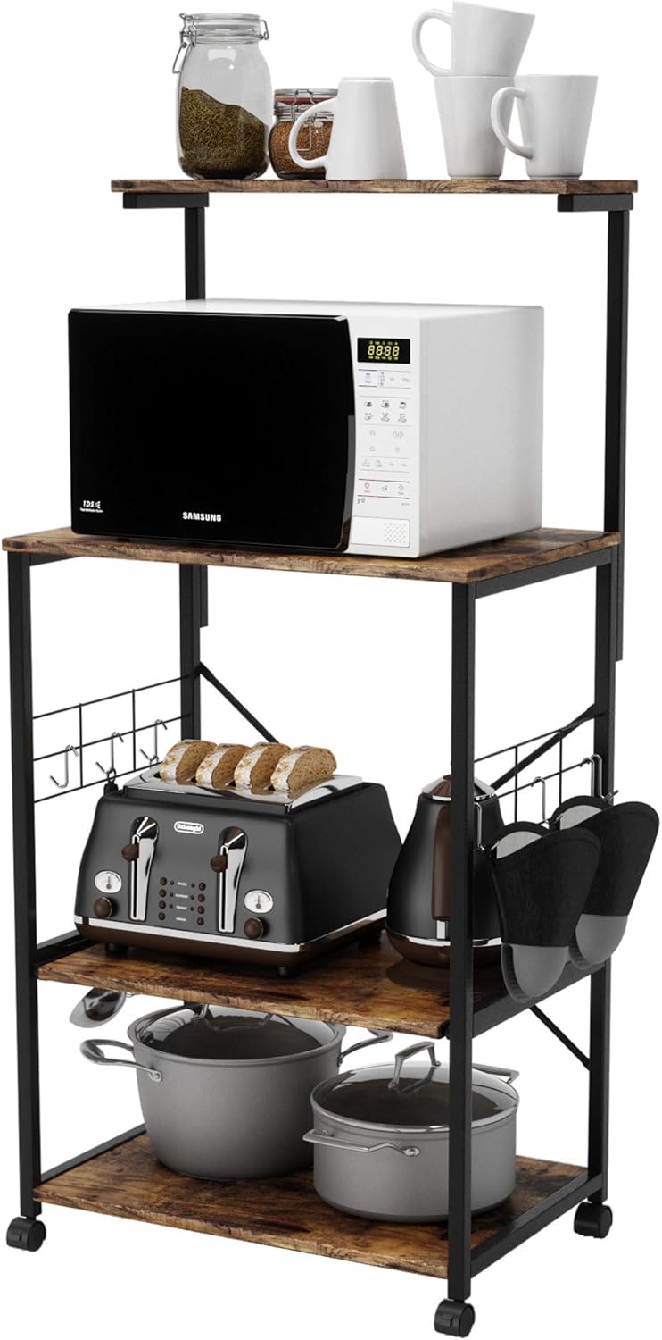Rustic Brown 4 Tier Rolling Kitchen Cart with Storage Shelf N5611