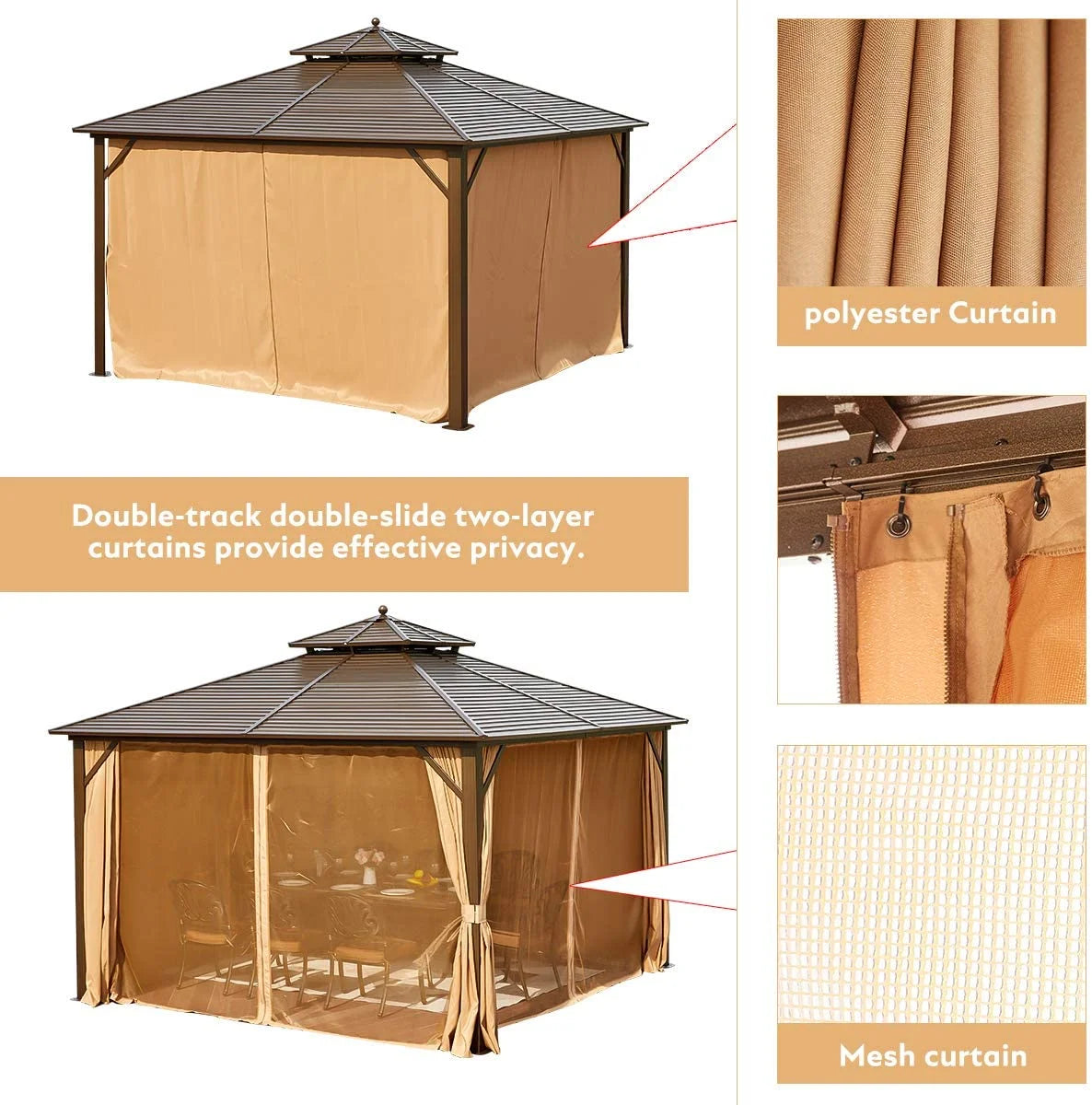 12' x 12' Hardtop Galvanized Steel Gazebo with Aluminum Frame and Netting and Curtains N226125
