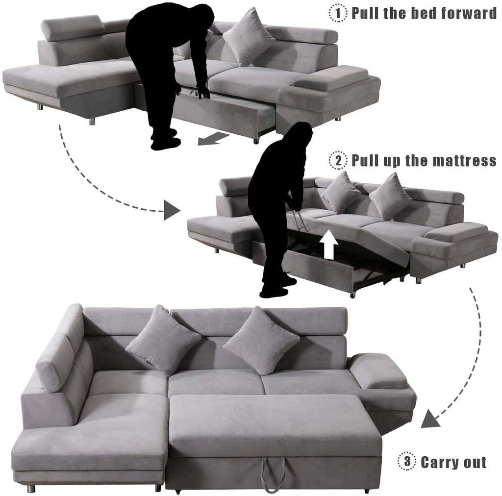 Grey Fabric Corner Sofa Sleeper Bed P682