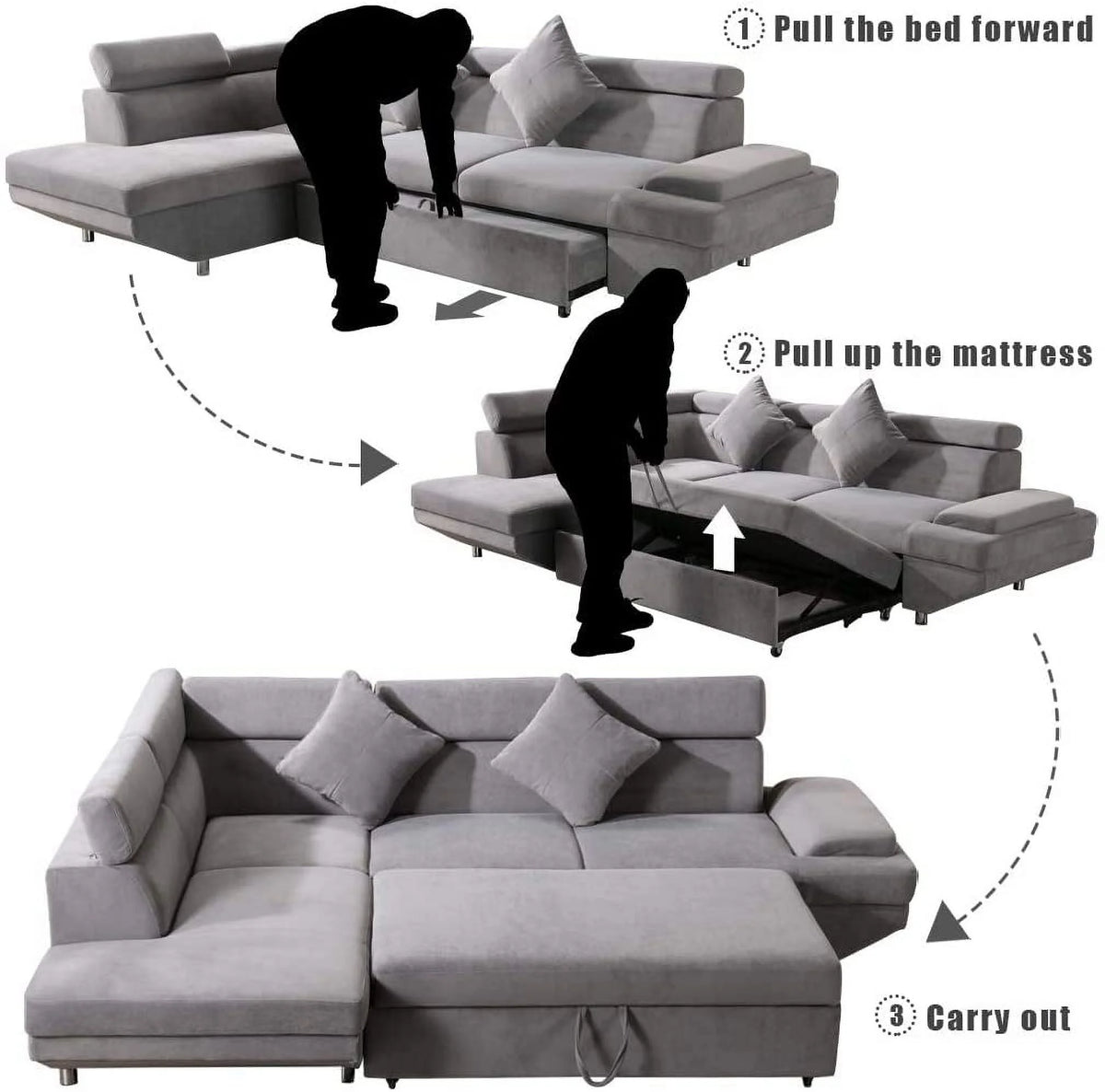 Grey Fabric Corner Sofa Sleeper Bed P682