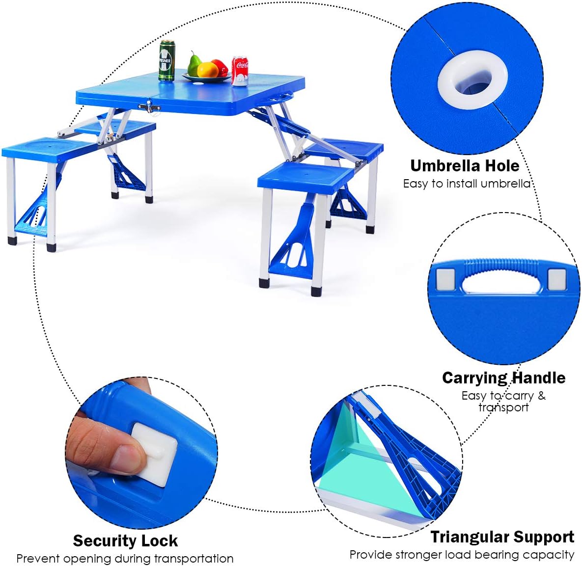Blue Aluminum Frame Folding Picnic Table with 4 Stools C806