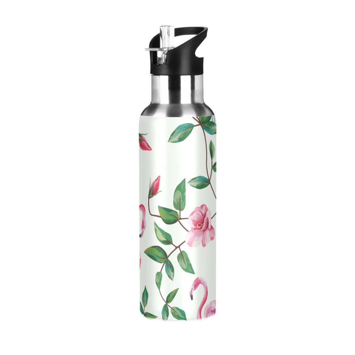 Pink Flamingos Rose Flowers Insulated Thermos Kids Stainless Steel Bottle with Straw Lid 20 oz U701308