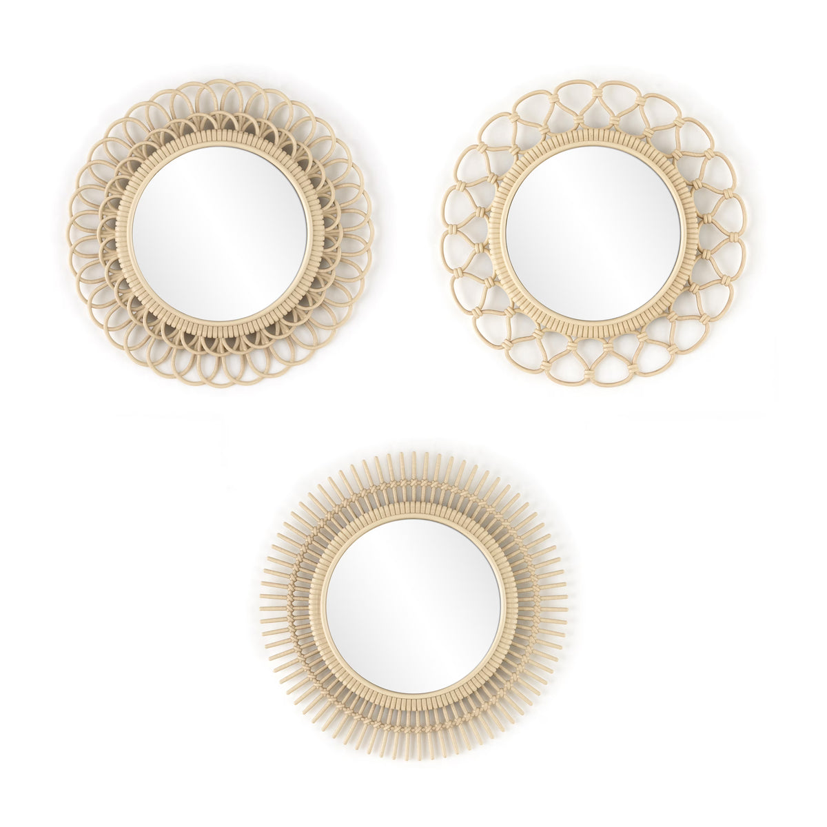 3 Piece Light Natural Faux Woven Wicker Round Mirror Set H781