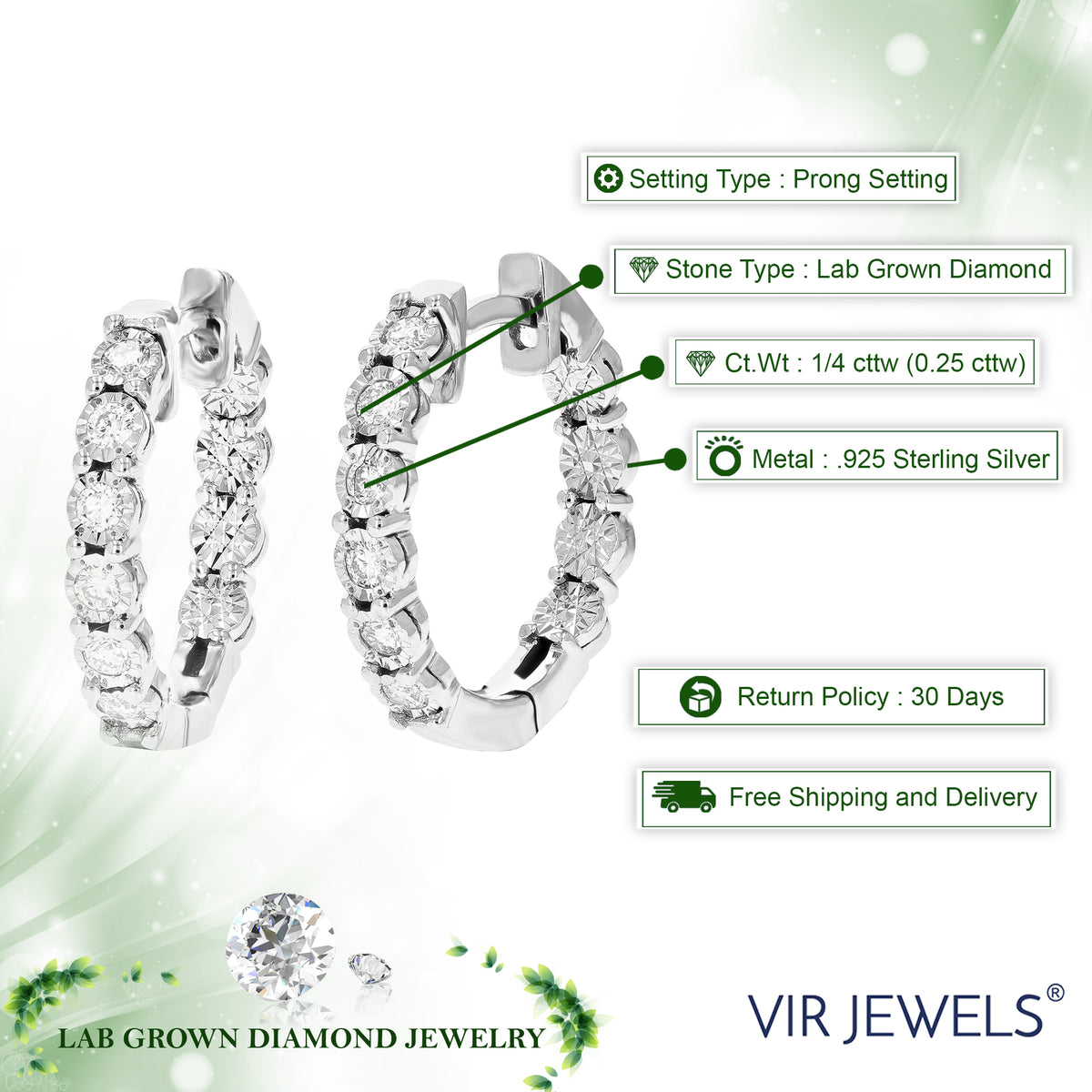 1/4 CTTW Lab Grown Diamond Hoop Earrings 925 Sterling Silver Y144918