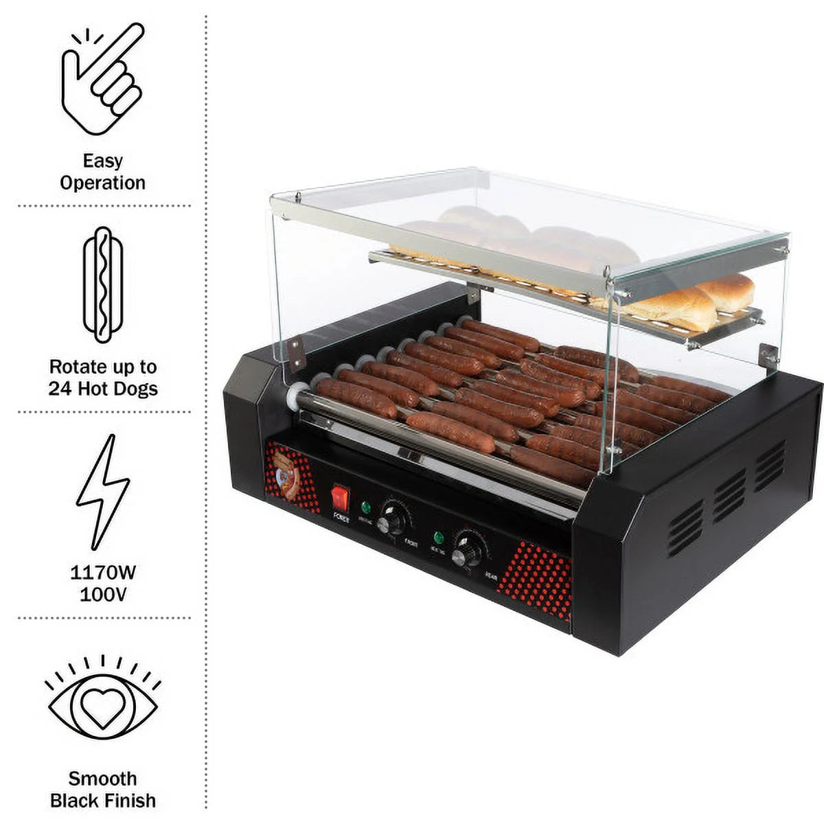 9-Roller Hot Dog Grill with Bun Warmer and Cover V7639